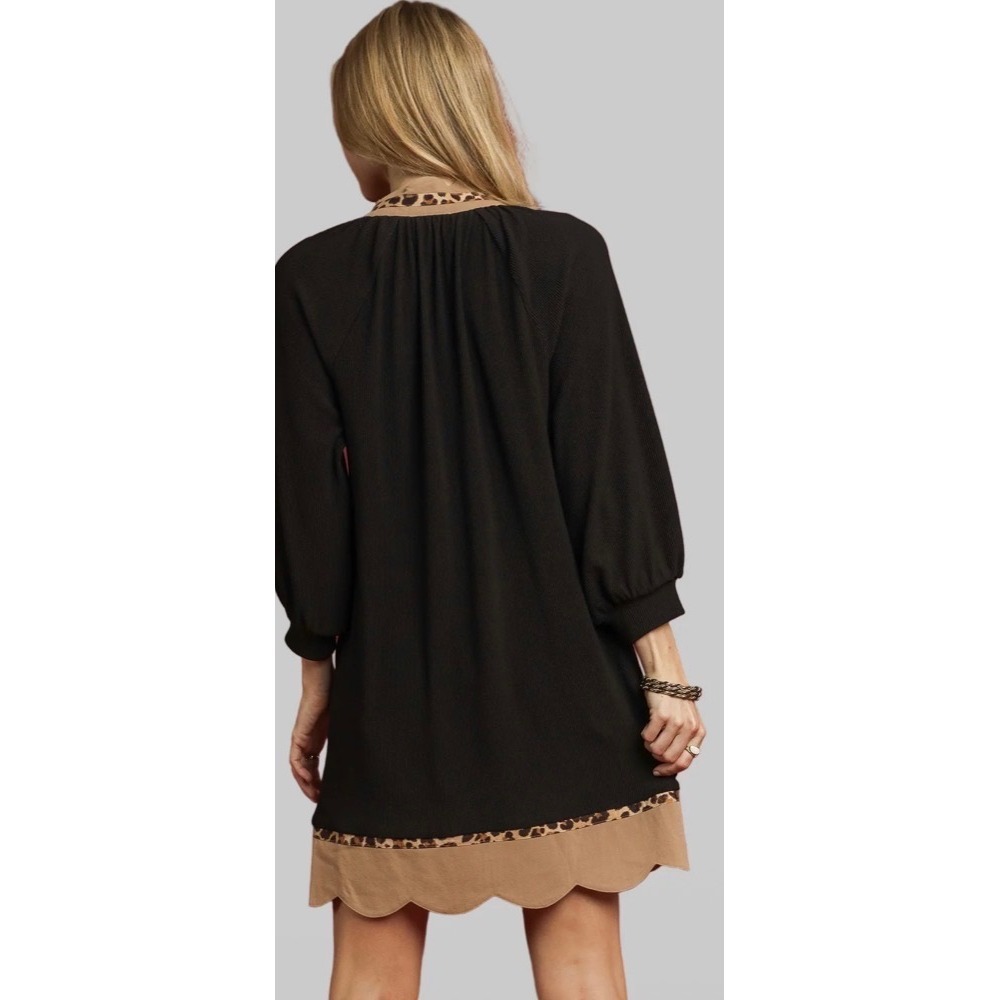 Umgee Black Scalloped Leopard Trim 3/4 Sleeve Tunic Dress Plus Size 1XL - Picture 3 of 9